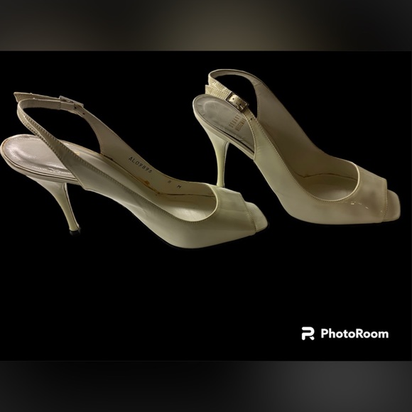 Vintage Stuart Weitzman Peep Toe Cream Patent Sling Backs Size 8 - Picture 2 of 6